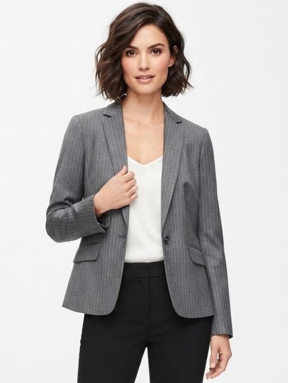 Talbots Gray Pinstripe Wool Blend Single Button Blazer Jacket Size 8